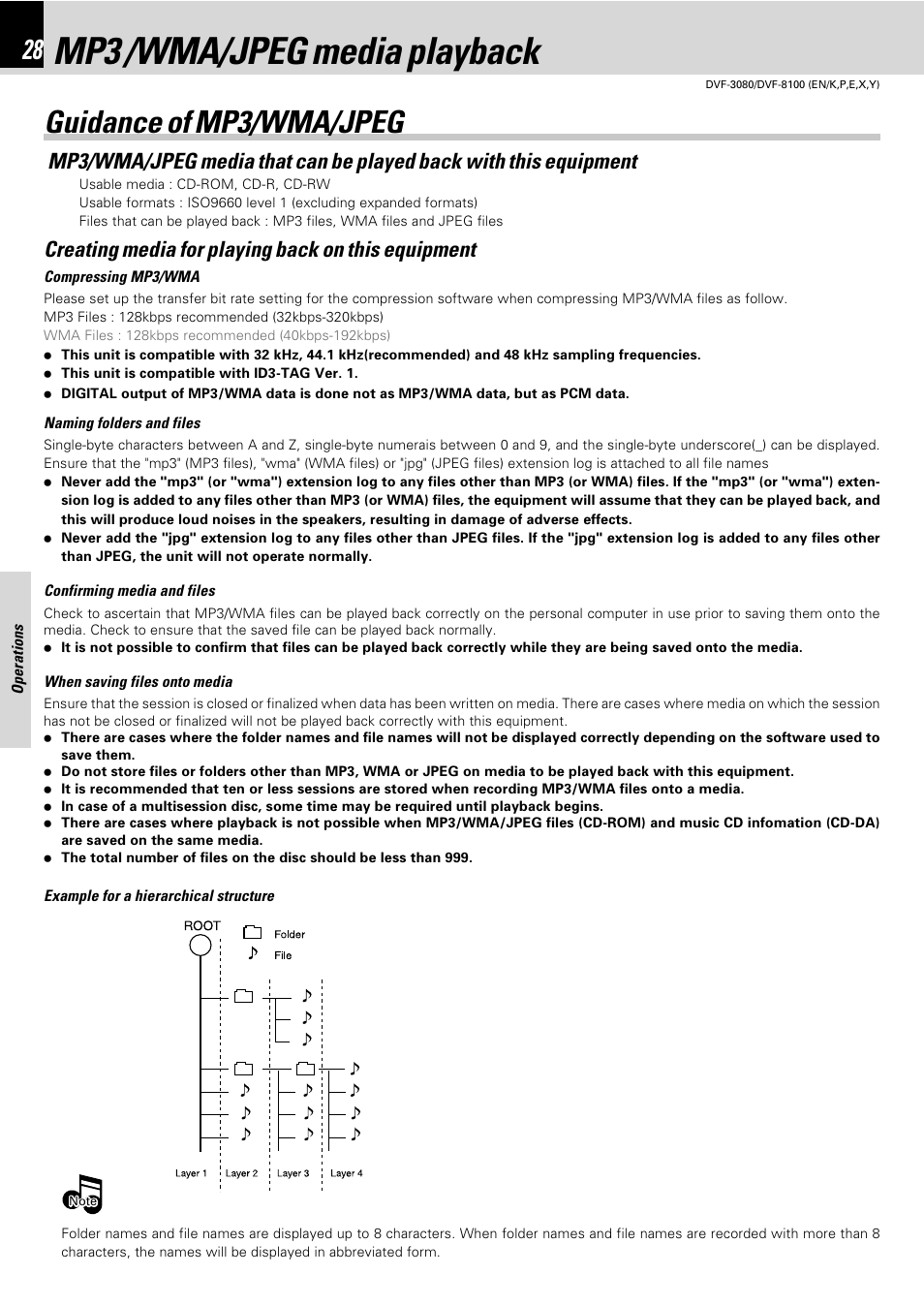 Mp3/wma mp3 /wma/jpeg media playback, Guidance of mp3/wma/jpeg, Mp3 /wma/jpeg media playback | Creating media for playing back on this equipment | Kenwood DVF-3080 User Manual | Page 28 / 36