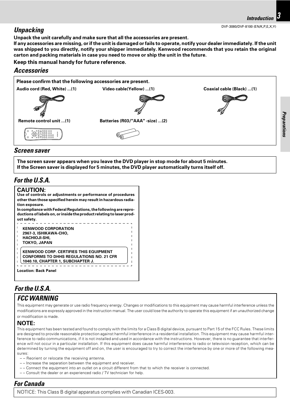 Unpacking, Accessories, Fcc warning | For the u.s.a, For the u.s.a. screen saver, For canada | Kenwood DVF-3080 User Manual | Page 3 / 36