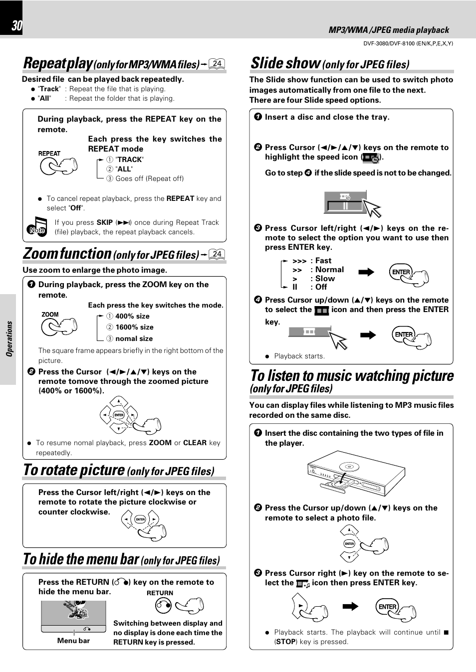 Repeat play (only for mp3/wma files), Zoom function (only for jpeg files), To rotate picture (only for jpeg files) | Slide show (only for jpeg files), Repeat play, Zoom function, Slide show, Only for mp3/wma files), Only for jpeg files) | Kenwood DVF-3080 User Manual | Page 30 / 36