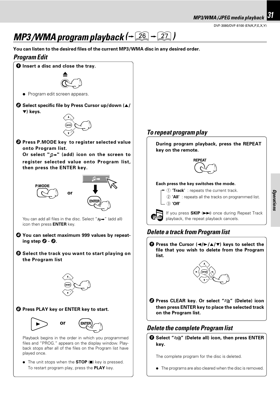Mp3 /wma program playback, Mp3 /wma program playback ( §¶ ), Program edit | Delete a track from program list, Delete the complete program list | Kenwood DVF-3080 User Manual | Page 31 / 36