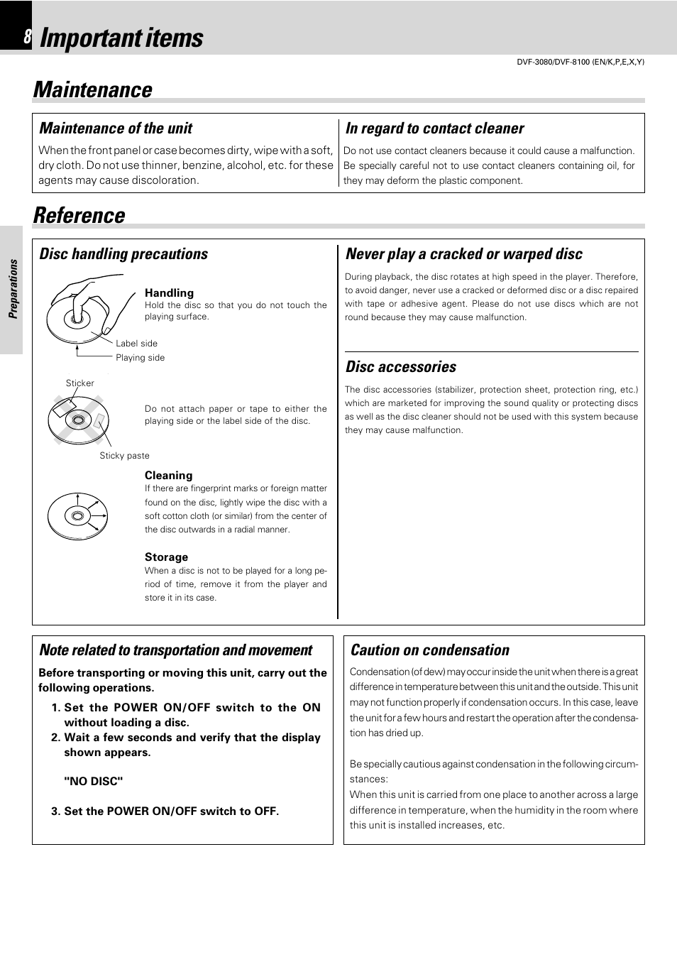 Important items, Maintenance, Reference | Maintenance reference, Disc handling precautions disc accessories, Never play a cracked or warped disc, Caution on condensation, Maintenance of the unit | Kenwood DVF-3080 User Manual | Page 8 / 36