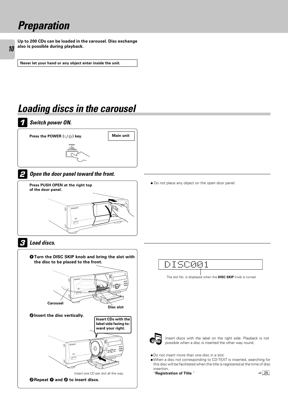 Preparation, Loading discs in the carousel | Kenwood CD-423M User Manual | Page 10 / 36