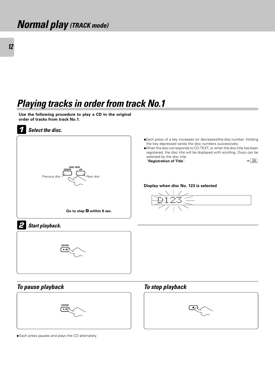 Normal play (track mode), Playing tracks in order from track no.1, Normal play | Track mode) | Kenwood CD-423M User Manual | Page 12 / 36