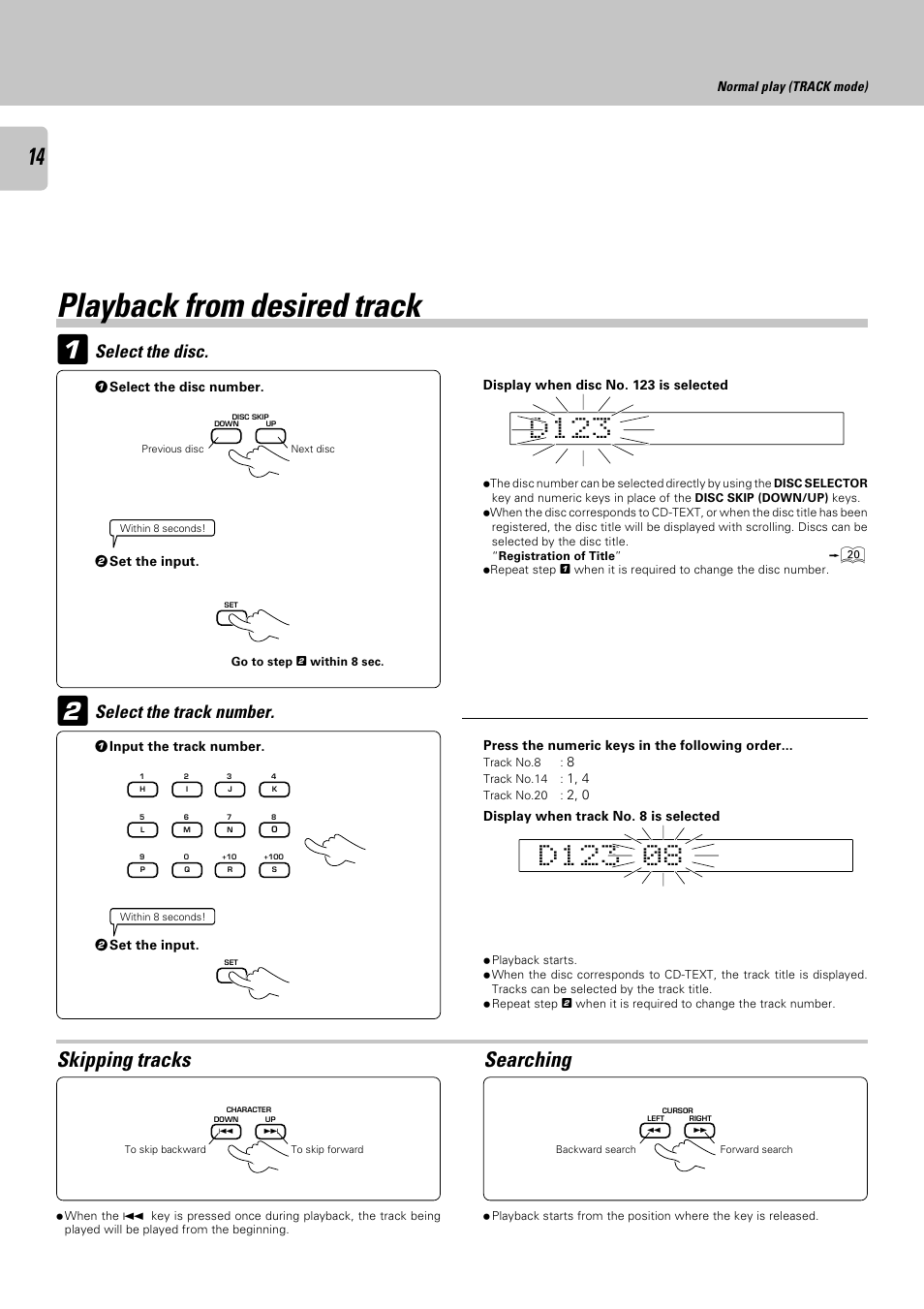 Playback from desired track, Skipping tracks, Searching | Select the track number, Select the disc | Kenwood CD-423M User Manual | Page 14 / 36