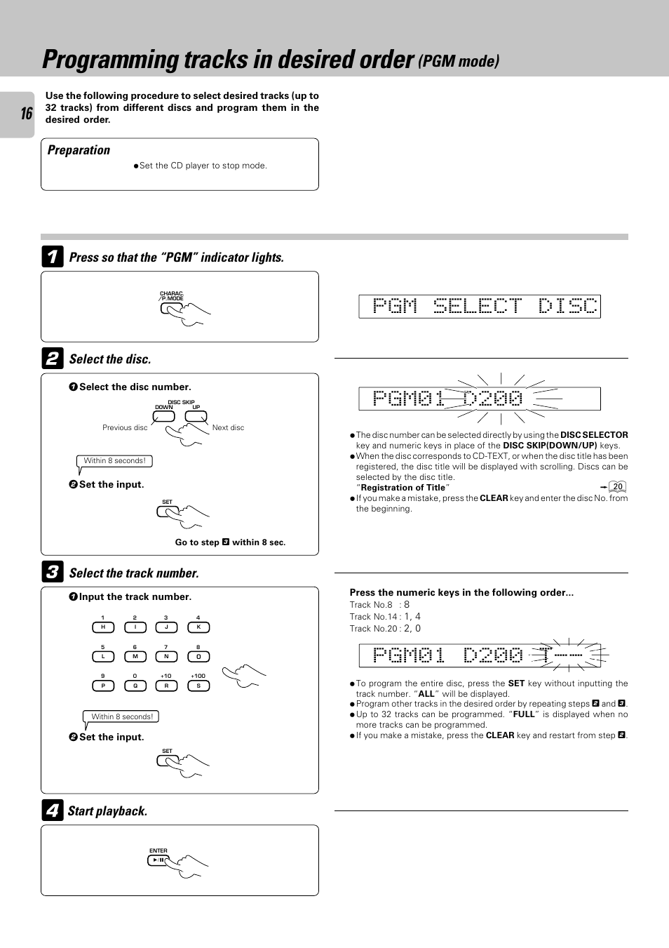 Programming tracks in desired order (pgm mode), Programming tracks in desired order, Pgm mode) | Kenwood CD-423M User Manual | Page 16 / 36