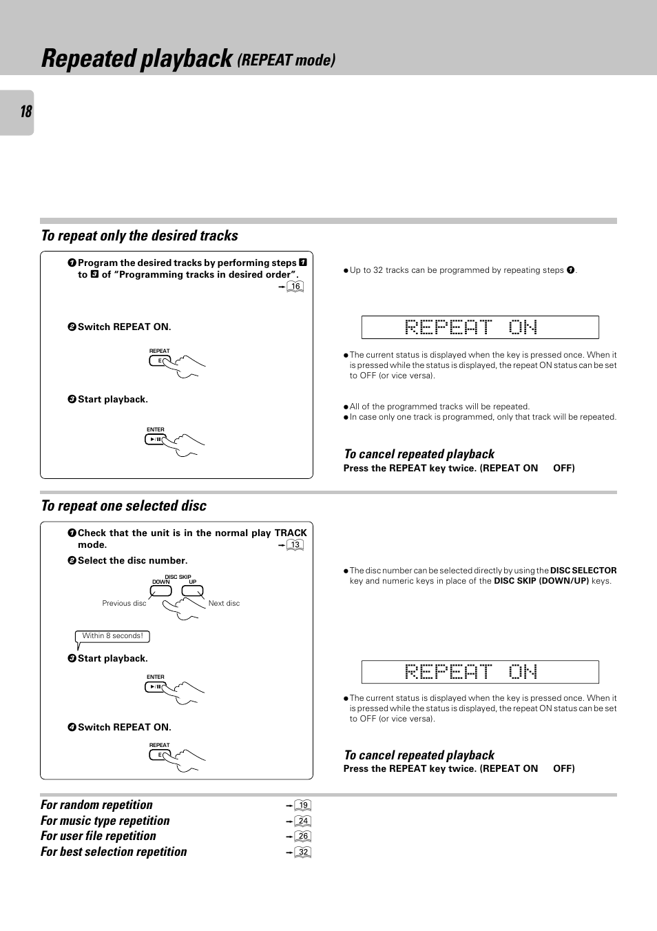 Repeated playback (repeat mode), Repeated playback, Repeat mode) | Kenwood CD-423M User Manual | Page 18 / 36