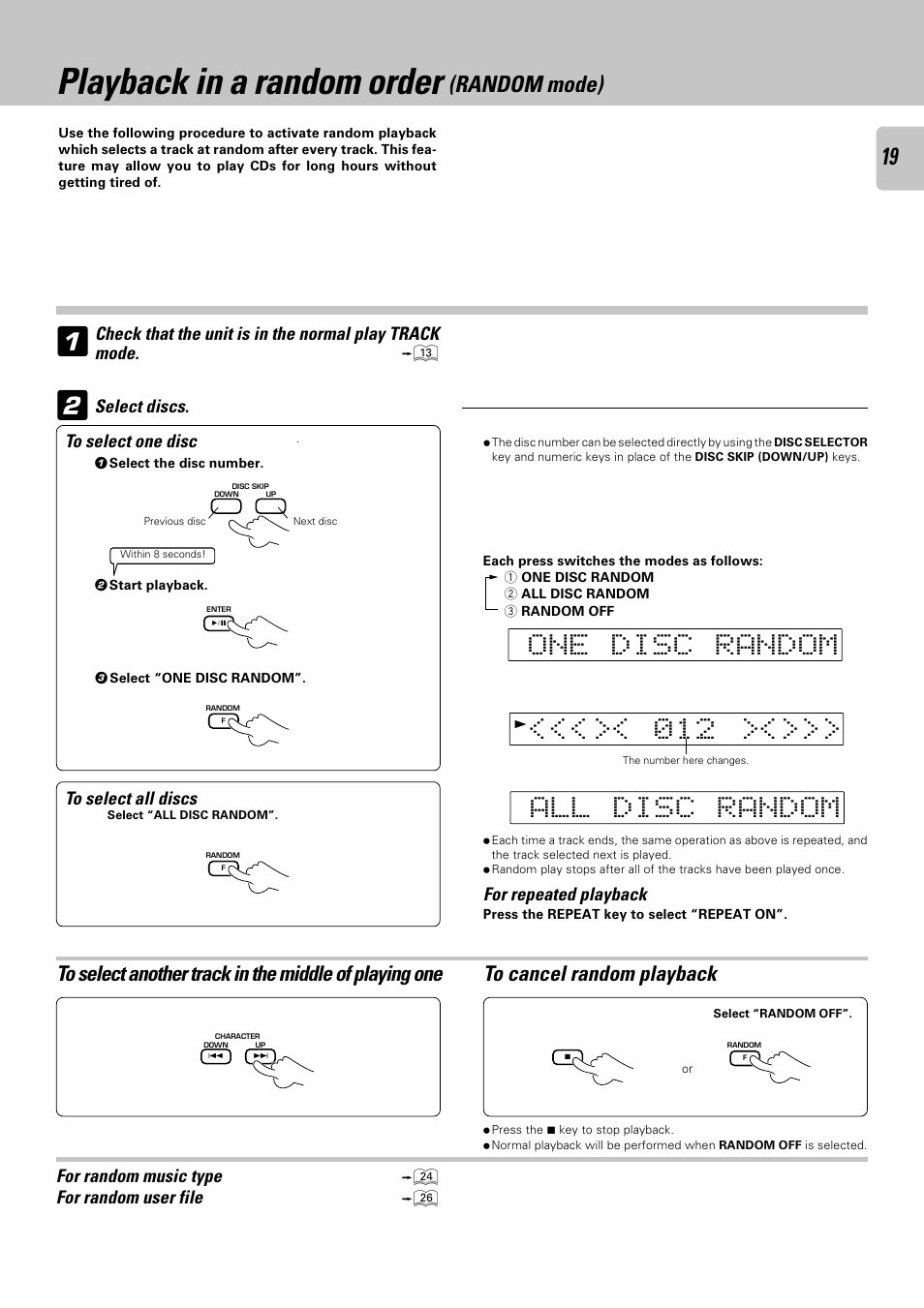 Playback in a random order (random mode), Playback in a random order, Random mode) | Kenwood CD-423M User Manual | Page 19 / 36