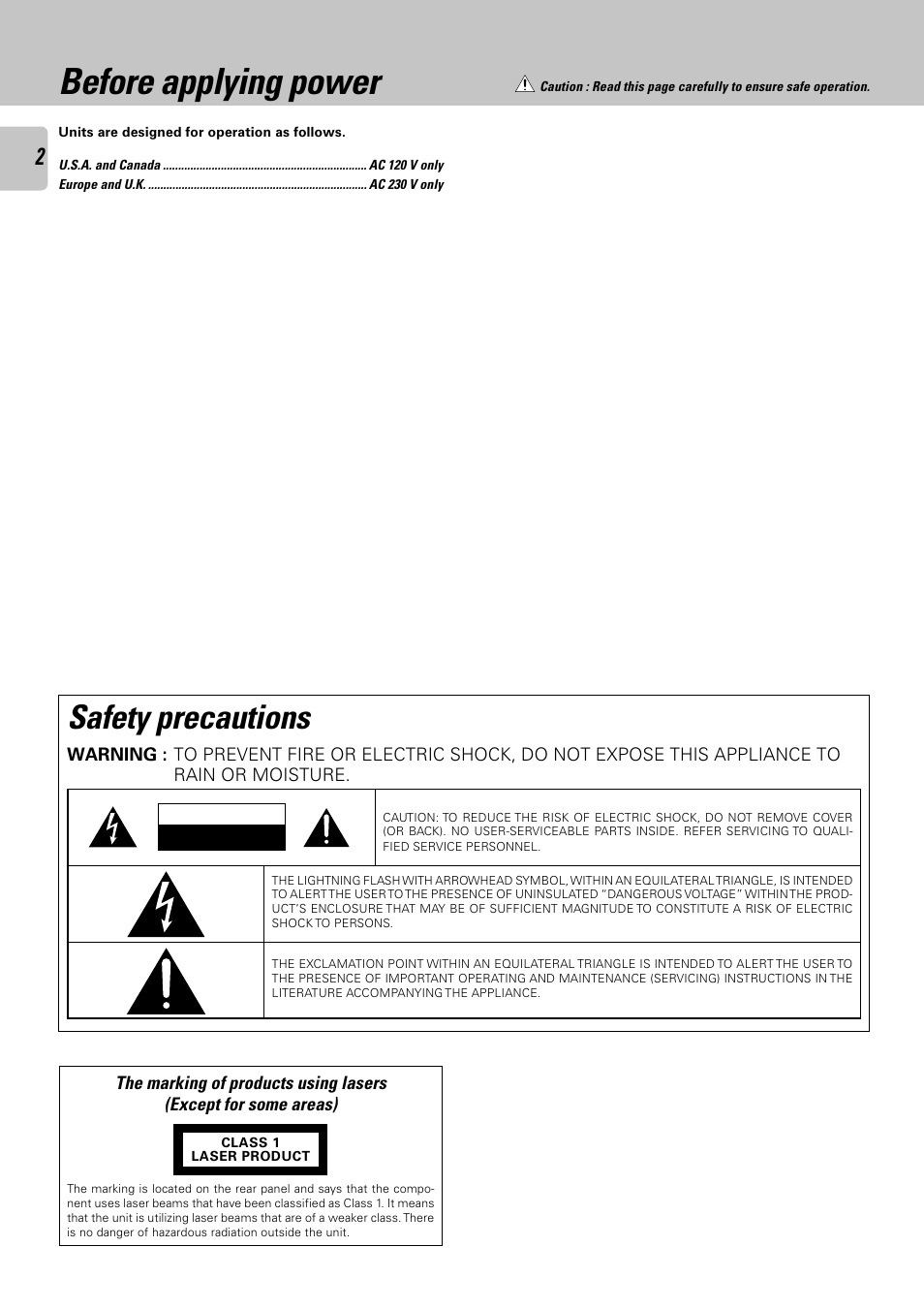 Before applying power, Safety precautions | Kenwood CD-423M User Manual | Page 2 / 36