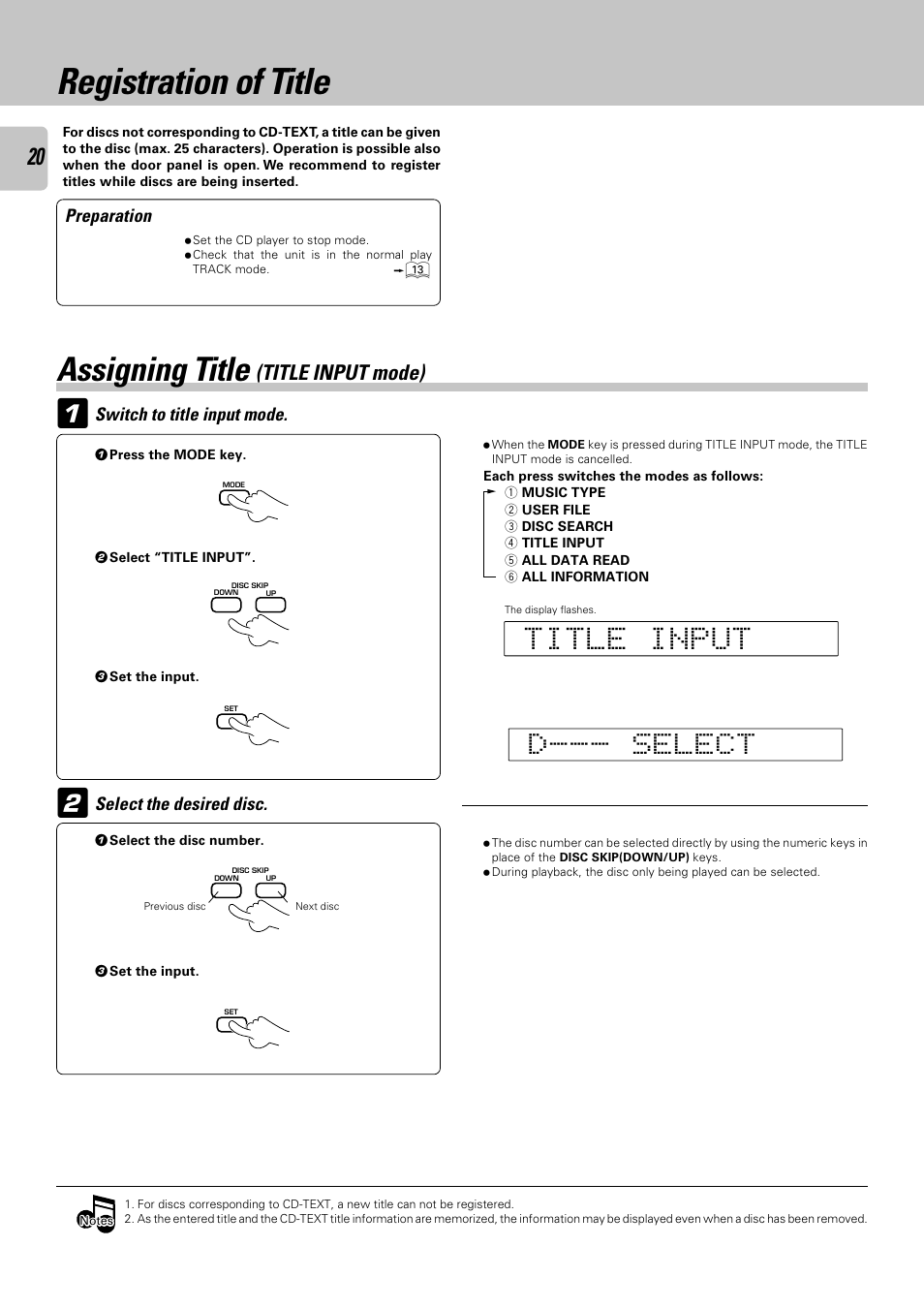 Registration of title, Assigning title (title input mode), Assigning title | Kenwood CD-423M User Manual | Page 20 / 36