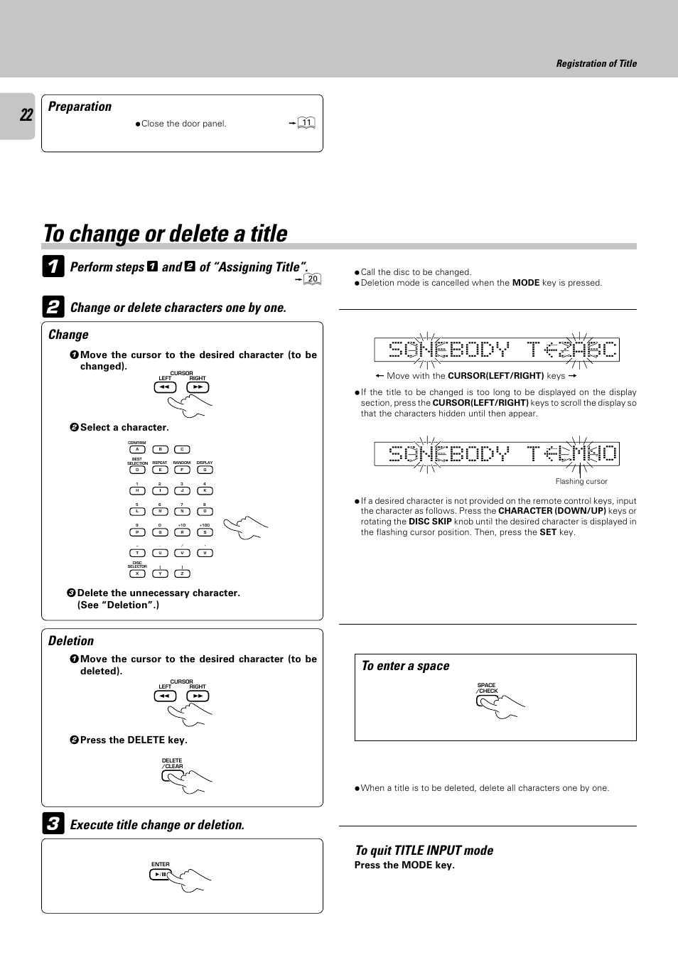 To change or delete a title, Om l n, Ca z b | Preparation, Perform steps, Of “assigning title, Change or delete characters one by one. change, Deletion | Kenwood CD-423M User Manual | Page 22 / 36