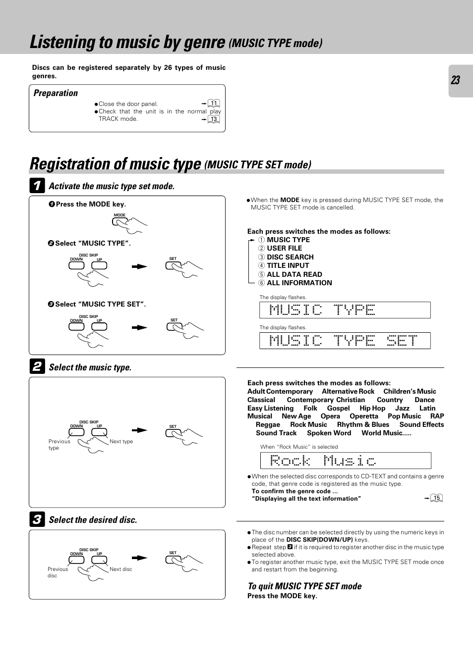 Listening to music by genre (music type mode), Registration of music type (music type set mode), Listening to music by genre | Registration of music type, Music type mode), Music type set mode) | Kenwood CD-423M User Manual | Page 23 / 36