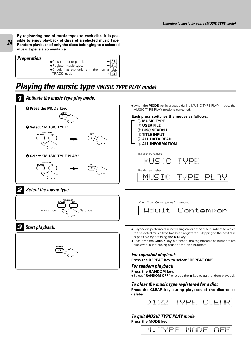 Playing the music type (music type play mode), Playing the music type | Kenwood CD-423M User Manual | Page 24 / 36