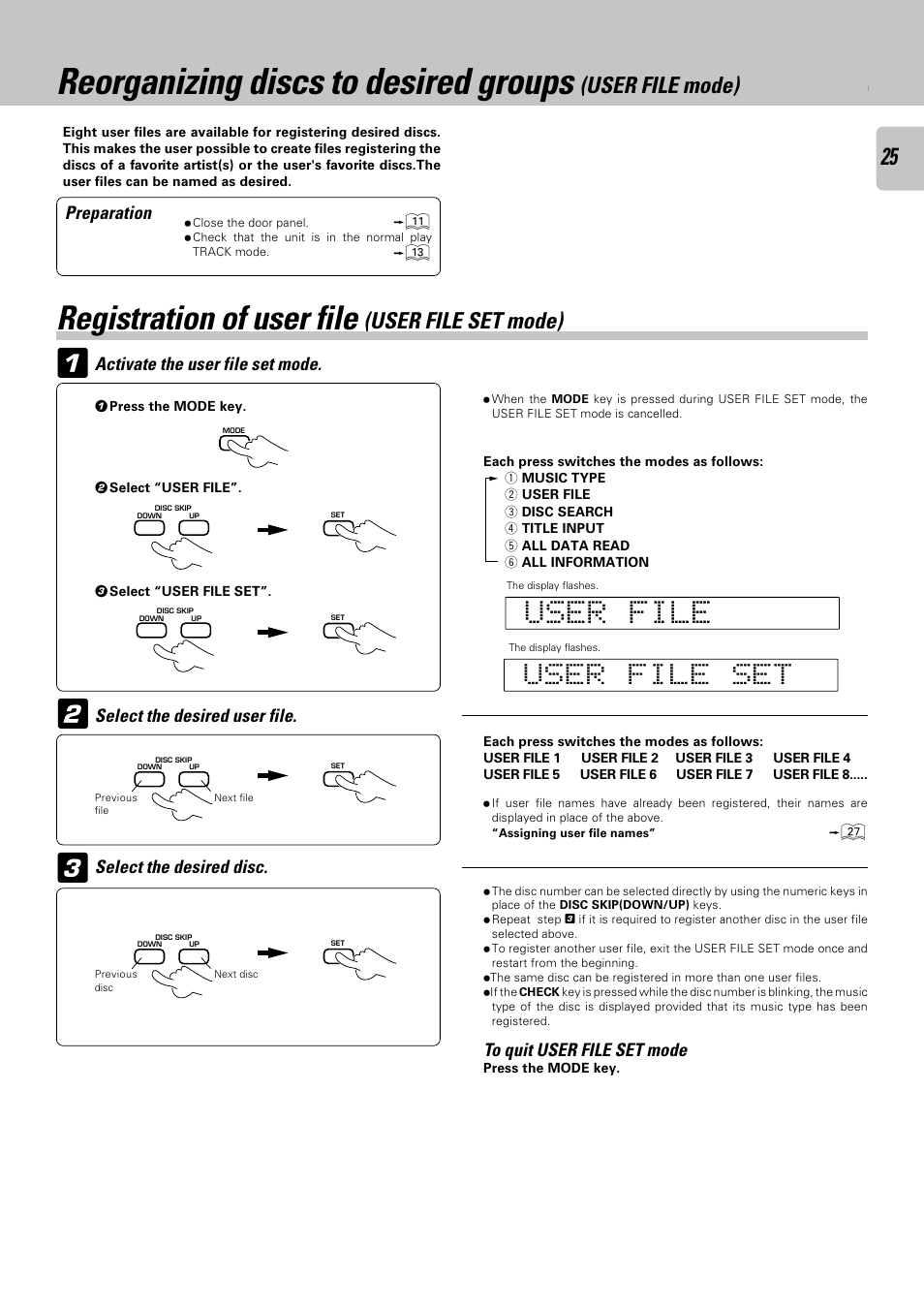 Registration of user file (user file set mode), Reorganizing discs to desired groups, Registration of user file | User file mode), User file set mode) | Kenwood CD-423M User Manual | Page 25 / 36