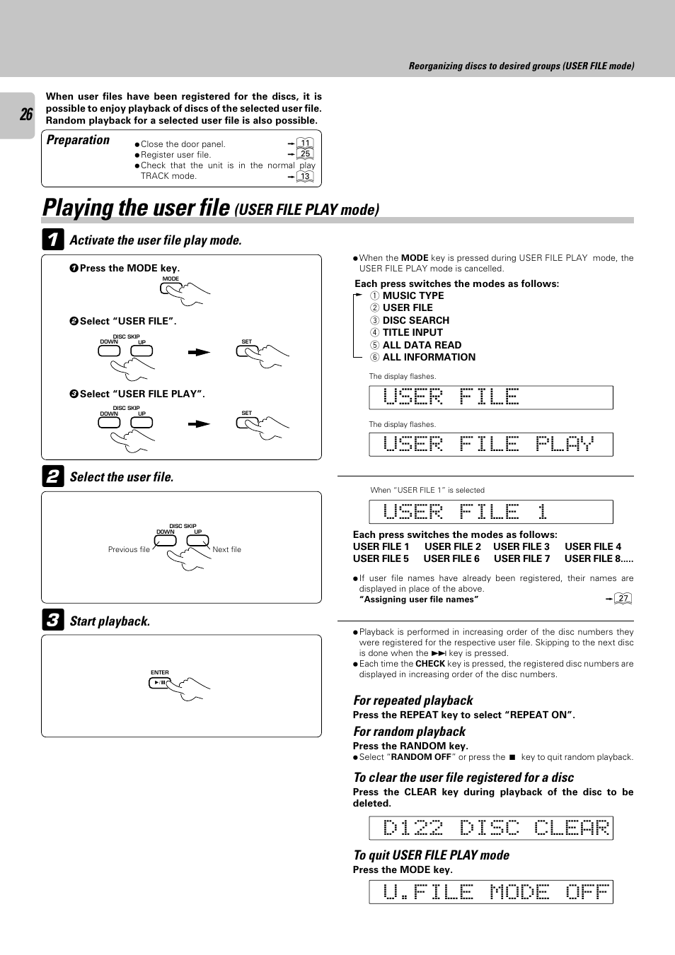 Playing the user file (user file play mode), Playing the user file | Kenwood CD-423M User Manual | Page 26 / 36