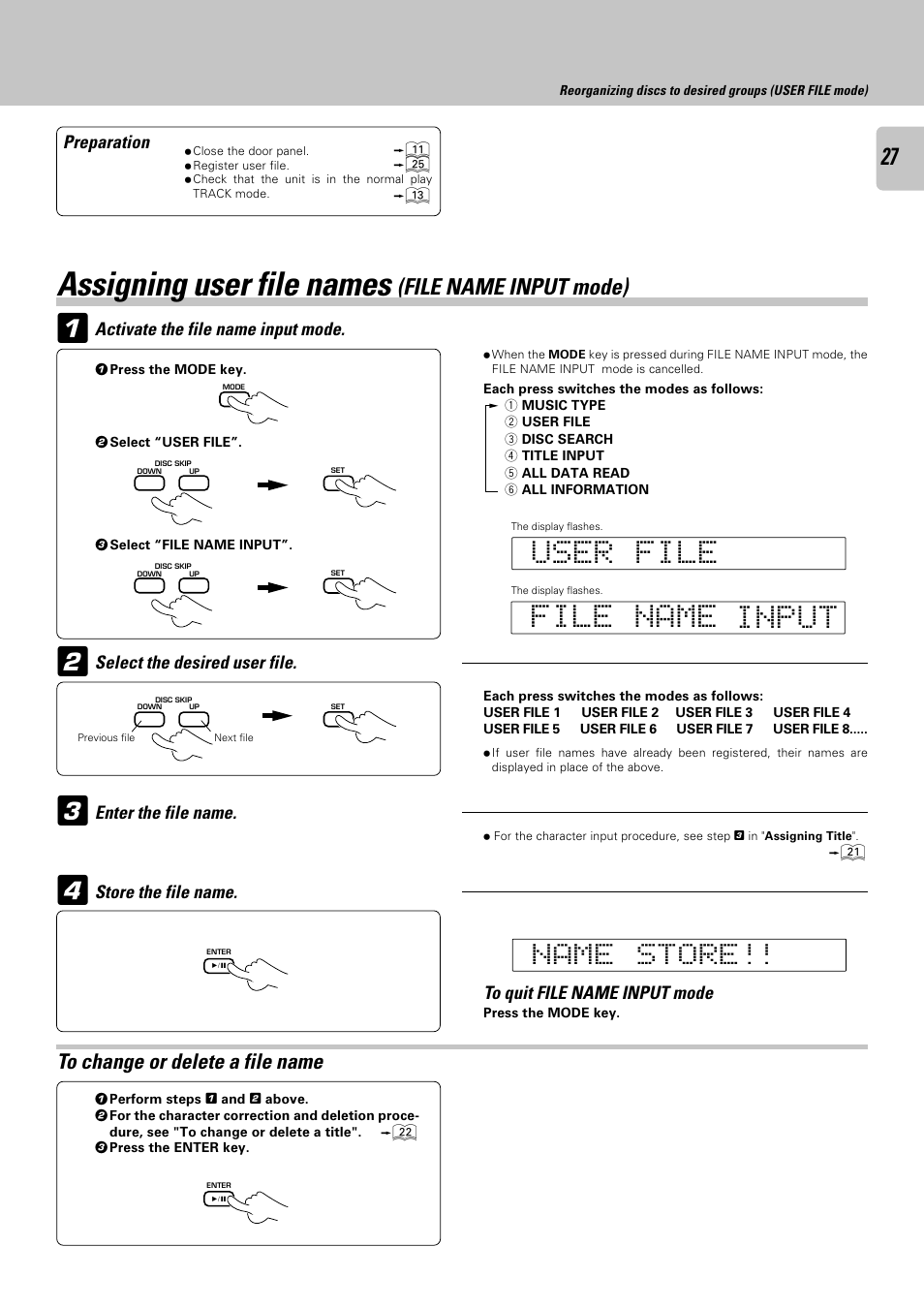 Assigning user file names (file name input mode), Assigning user file names, File name input mode) | Kenwood CD-423M User Manual | Page 27 / 36