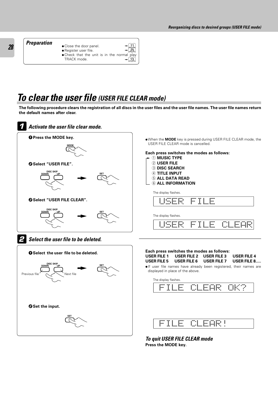 To clear the user file (user file clear mode), User file clear mode) | Kenwood CD-423M User Manual | Page 28 / 36