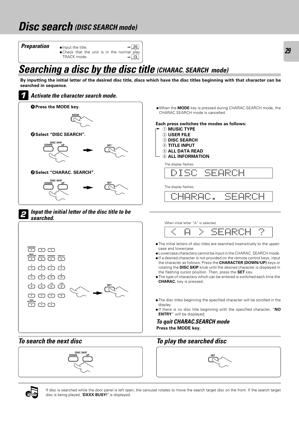 Disc search (disc search mode), Disc search, Searching a disc by the disc title | Disc search mode), Charac. search mode), Preparation, Activate the character search mode | Kenwood CD-423M User Manual | Page 29 / 36