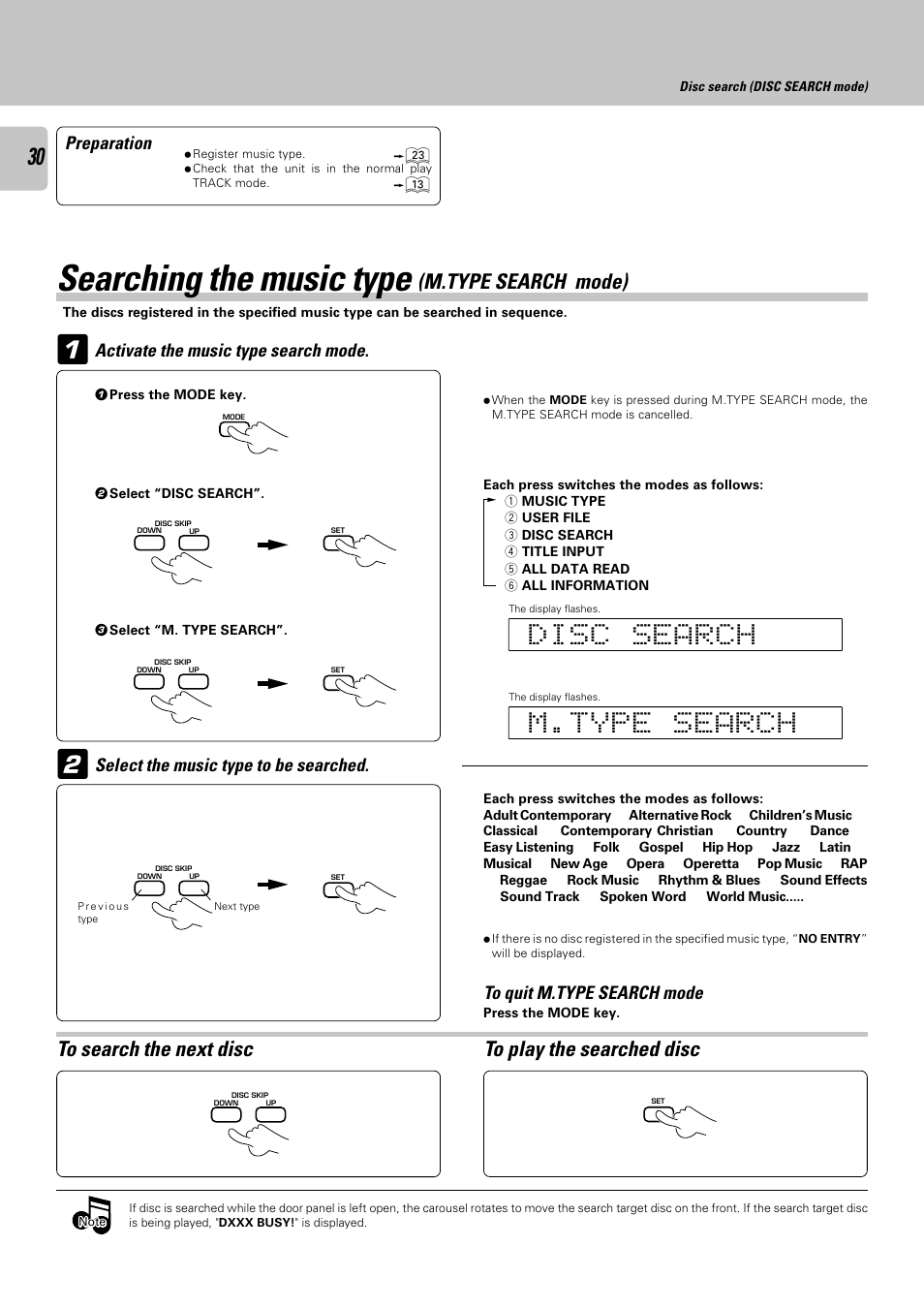 Searching the music type (m.type search mode), Searching the music type, M.type search mode) | Kenwood CD-423M User Manual | Page 30 / 36