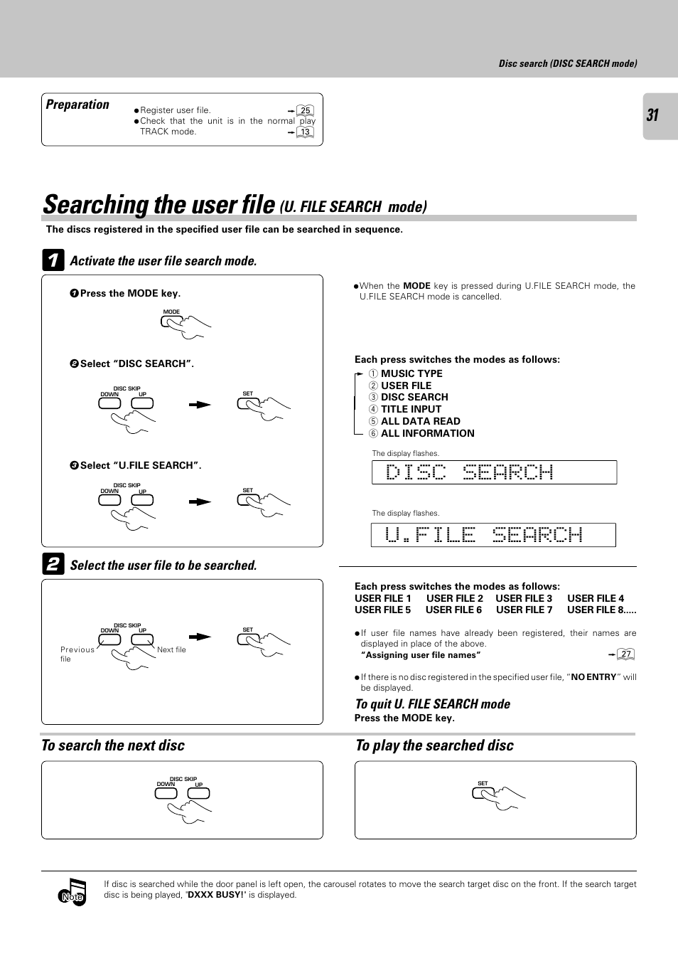 Searching the user file (u. file search mode), Searching the user file, U. file search mode) | Kenwood CD-423M User Manual | Page 31 / 36