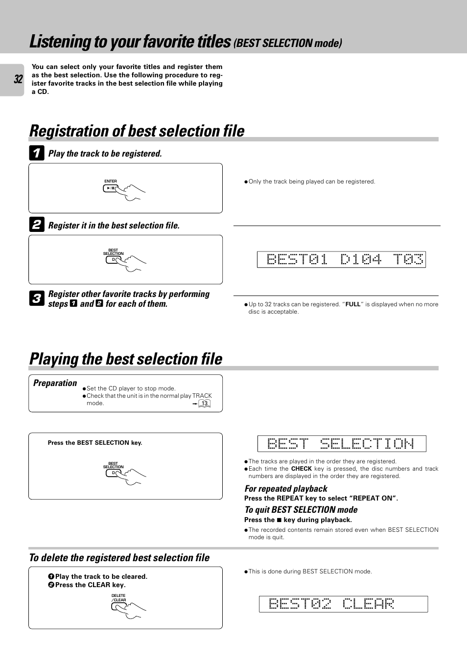 Registration of best selection file, Playing the best selection file, Listening to your favorite titles | Kenwood CD-423M User Manual | Page 32 / 36