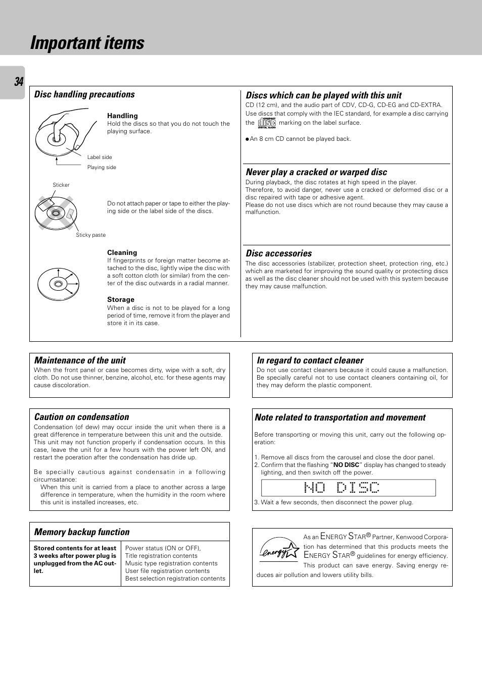 Important items, Discs which can be played with this unit, Disc handling precautions disc accessories | Never play a cracked or warped disc, Caution on condensation, Maintenance of the unit | Kenwood CD-423M User Manual | Page 34 / 36