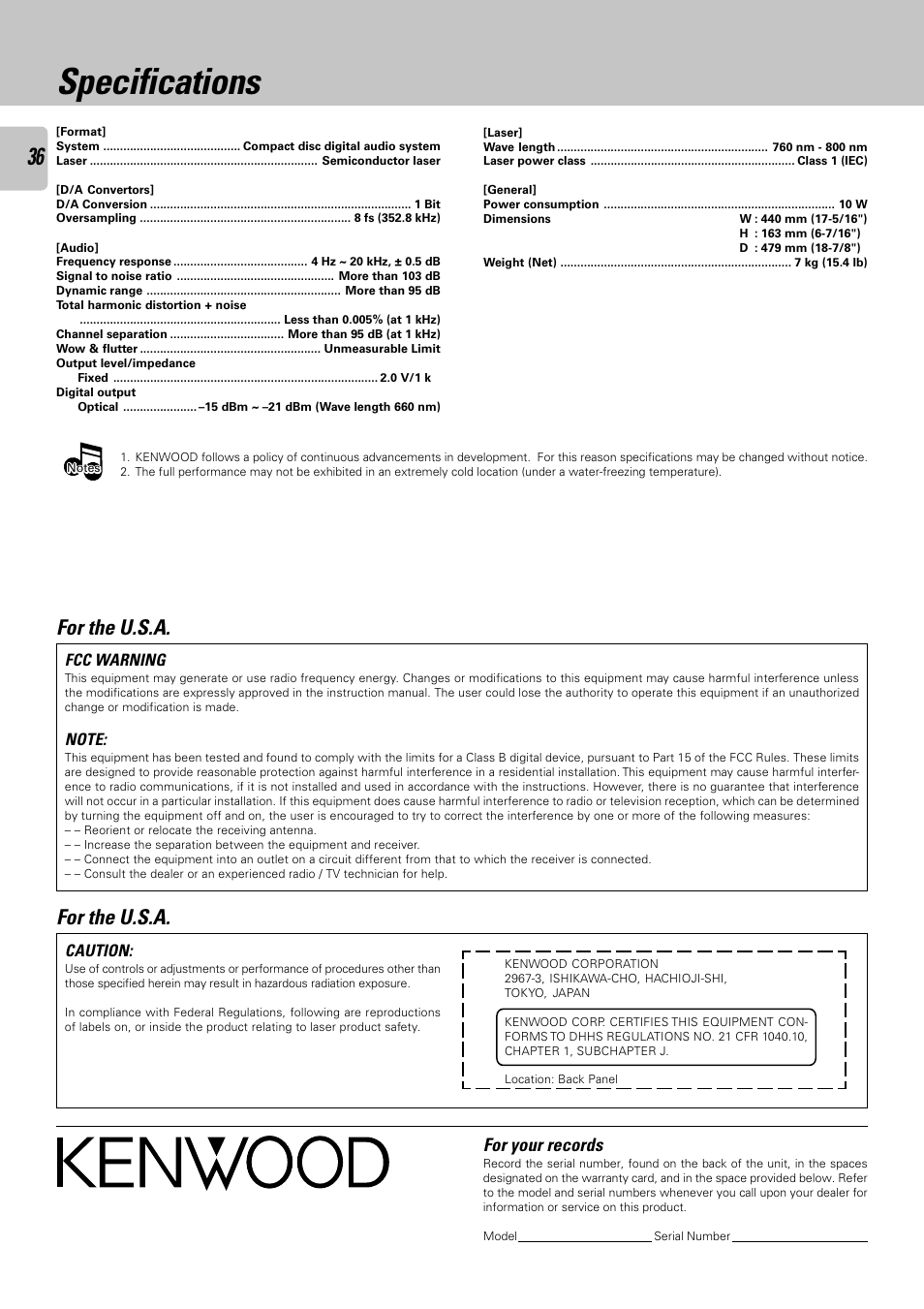 Specifications, For the u.s.a, For your records | Kenwood CD-423M User Manual | Page 36 / 36