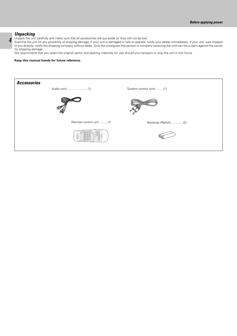 Unpacking, Accessories | Kenwood CD-423M User Manual | Page 4 / 36