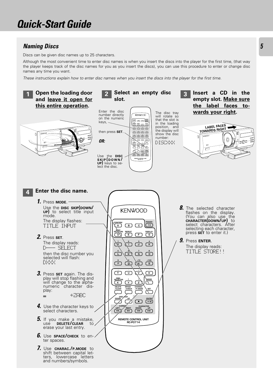 Quick-start guide, Naming discs, Select an empty disc slot | Enter the disc name, Title store, Title input, D--- select, Dxxx, Zabc, Discxxx | Kenwood CD-423M User Manual | Page 5 / 36