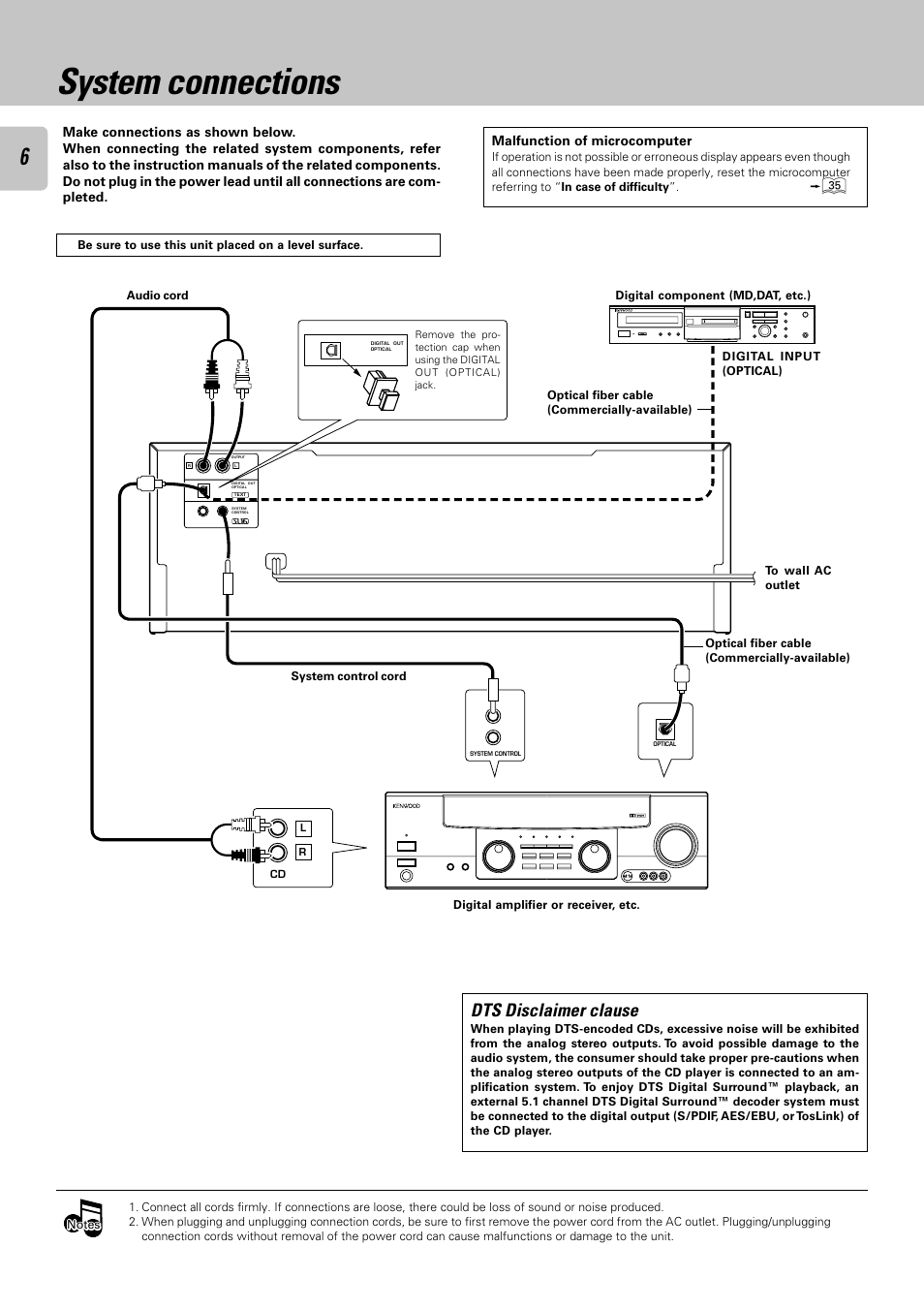 System connections, Dts disclaimer clause | Kenwood CD-423M User Manual | Page 6 / 36