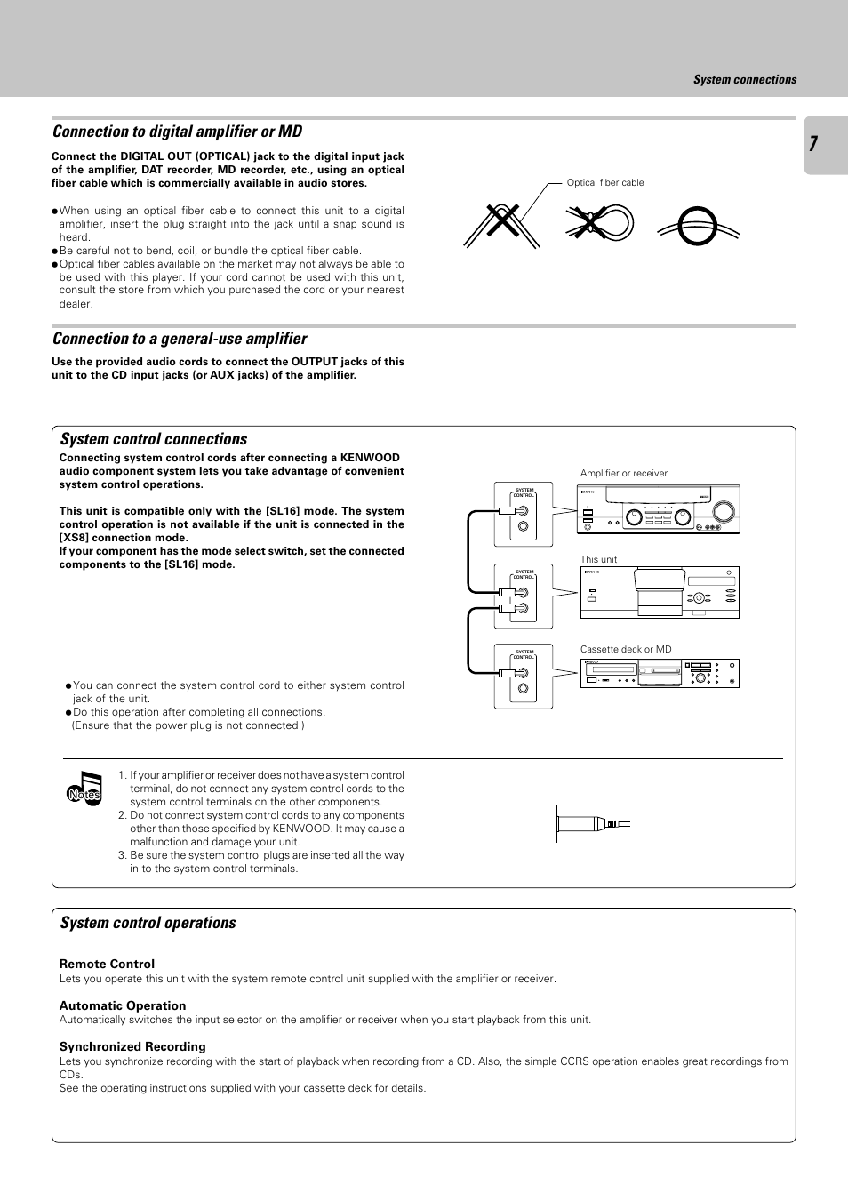 Connection to digital amplifier or md, Connection to a general-use amplifier, System control connections | System control operations | Kenwood CD-423M User Manual | Page 7 / 36