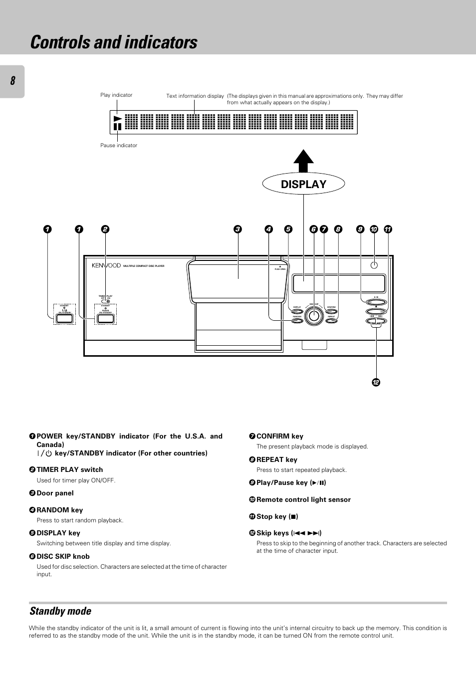 Controls and indicators, Standby mode, Display | Kenwood CD-423M User Manual | Page 8 / 36