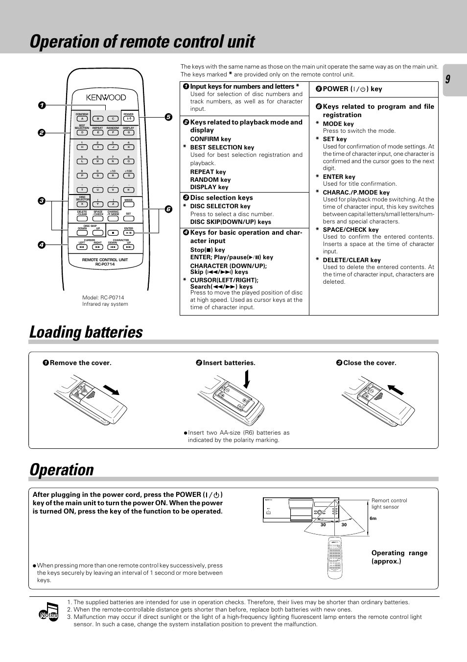 Operation of remote control unit, Loading batteries, Operation | Remote control unit rc-p0714, 1 input keys for numbers and letters, 2 keys related to playback mode and display, 3 disc selection keys, 4 keys for basic operation and char- acter input, 6 keys related to program and file registration, Operating range (approx.) | Kenwood CD-423M User Manual | Page 9 / 36