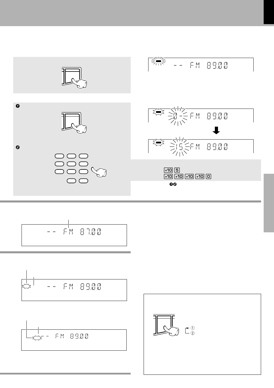 F m * 8 9 ) . ), 1 5 * f m * 8 9 ) . ), F m * 8 7 ) . ) | F m 8 8 9 ) ), Collective presetting of stations, Select the tuning mode, One-by-one presetting, Auto preset), 1 press the enter key during reception, Manual preset) | Kenwood XD-6550 User Manual | Page 31 / 76