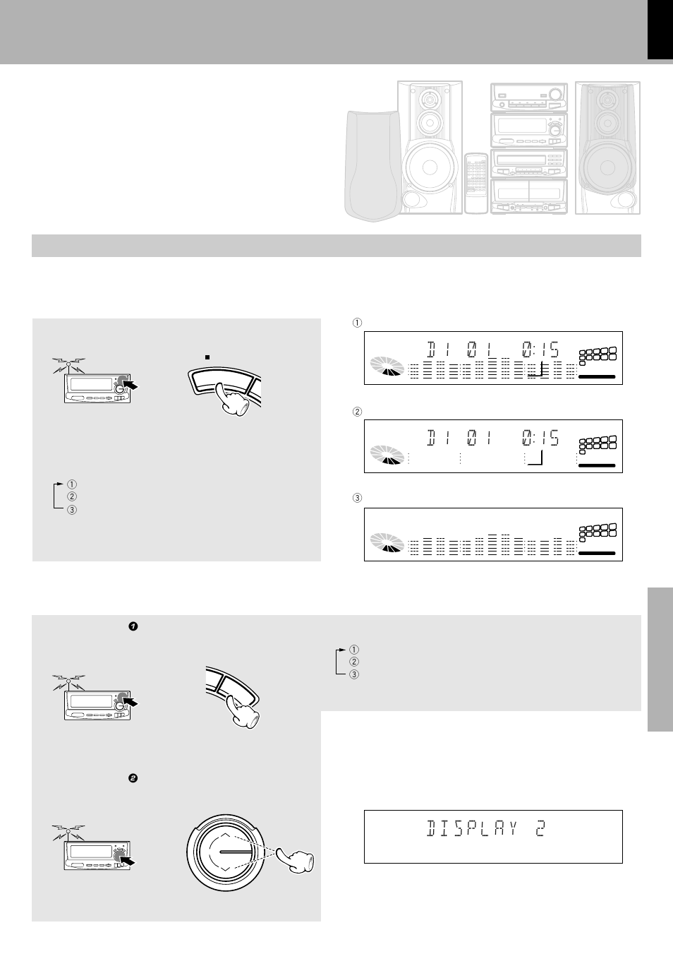 Switching the display, Switching the dual display, D 1 * ) 1 * * ) 1 : 5 | Switching the spectrum analyzer display, L a y ) 2 : 5, D i s p, For xd-8550), 2 character display | Kenwood XD-6550 User Manual | Page 63 / 76