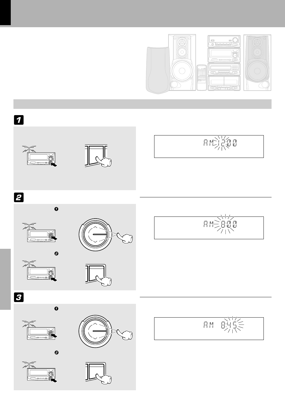 Clock adjustment, C d * a a m 1 2 ) : ), C d * a a m 1 8 ) : ) | C d * a a m 1 8 4 : 5, Ensure that the power is off, Example: adjustment to 8:45 | Kenwood XD-6550 User Manual | Page 64 / 76