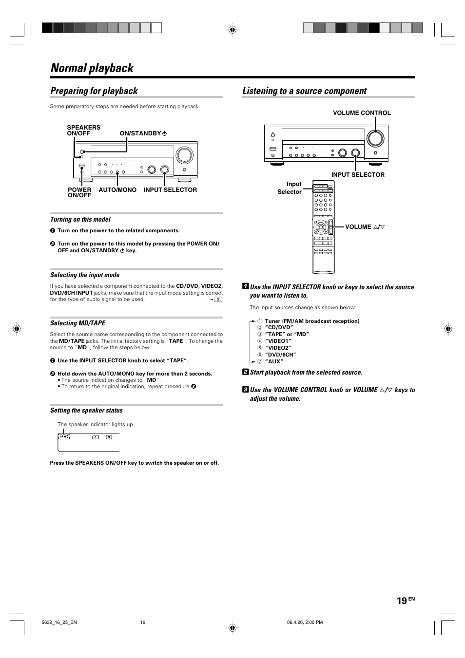 Normal playback, Listening to a source component, Preparing for playback | Kenwood B60-5632-00 00 MA (E User Manual | Page 19 / 36