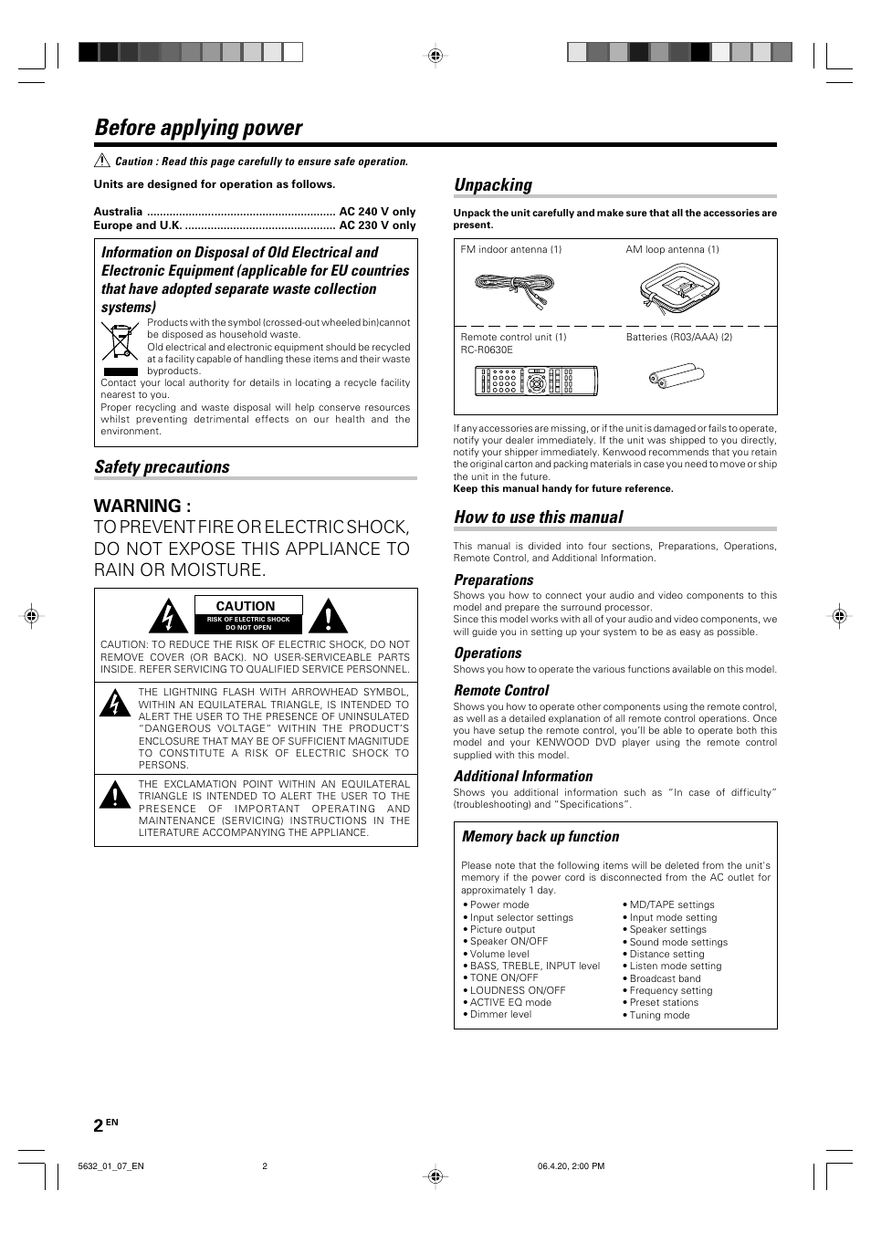 Before applying power, How to use this manual, Unpacking | Preparations, Operations, Remote control, Additional information | Kenwood B60-5632-00 00 MA (E User Manual | Page 2 / 36