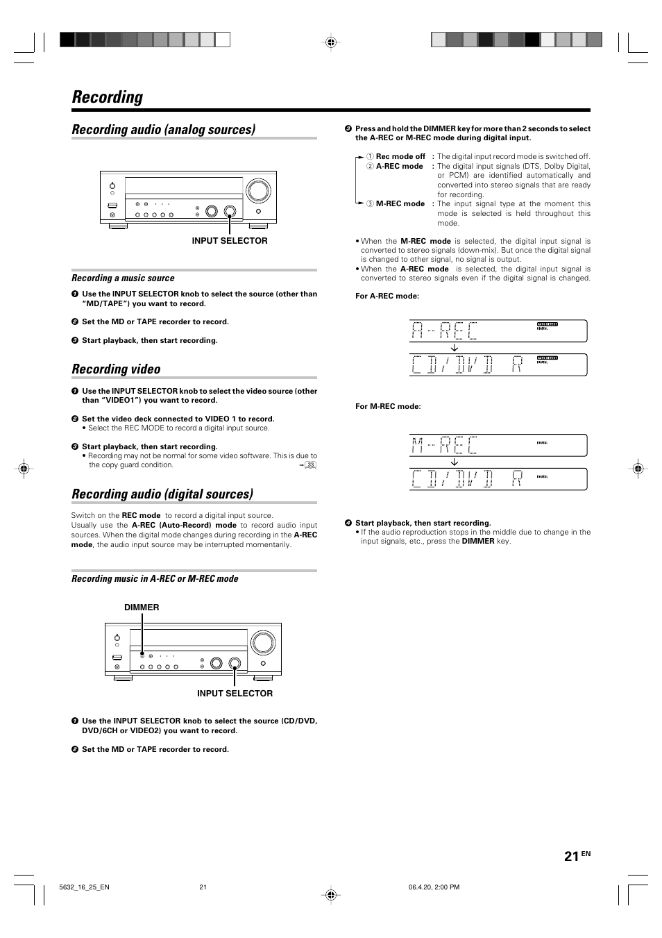 Recording, Recording audio (analog sources), Recording video | Recording audio (digital sources) | Kenwood B60-5632-00 00 MA (E User Manual | Page 21 / 36