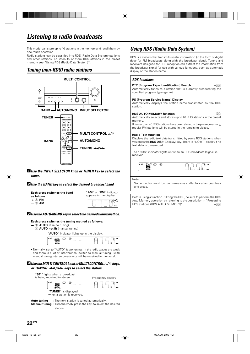 Listening to radio broadcasts, Using rds (radio data system), Tuning (non-rds) radio stations | Kenwood B60-5632-00 00 MA (E User Manual | Page 22 / 36