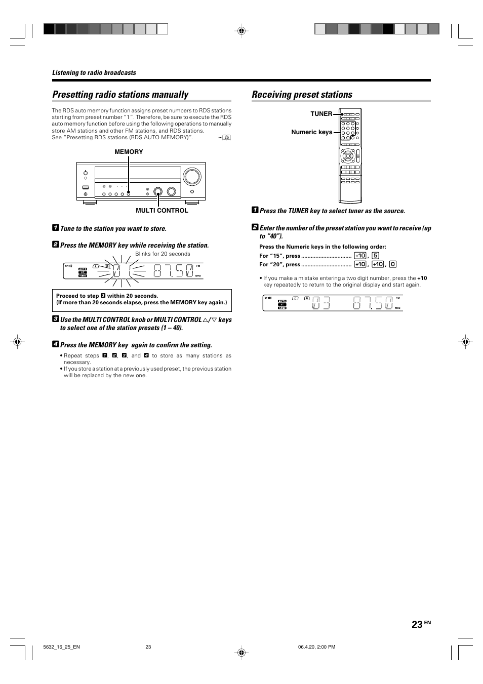 Presetting radio stations manually, Receiving preset stations | Kenwood B60-5632-00 00 MA (E User Manual | Page 23 / 36