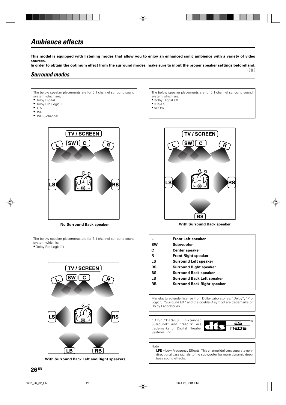 Ambience effects, Surround modes | Kenwood B60-5632-00 00 MA (E User Manual | Page 26 / 36