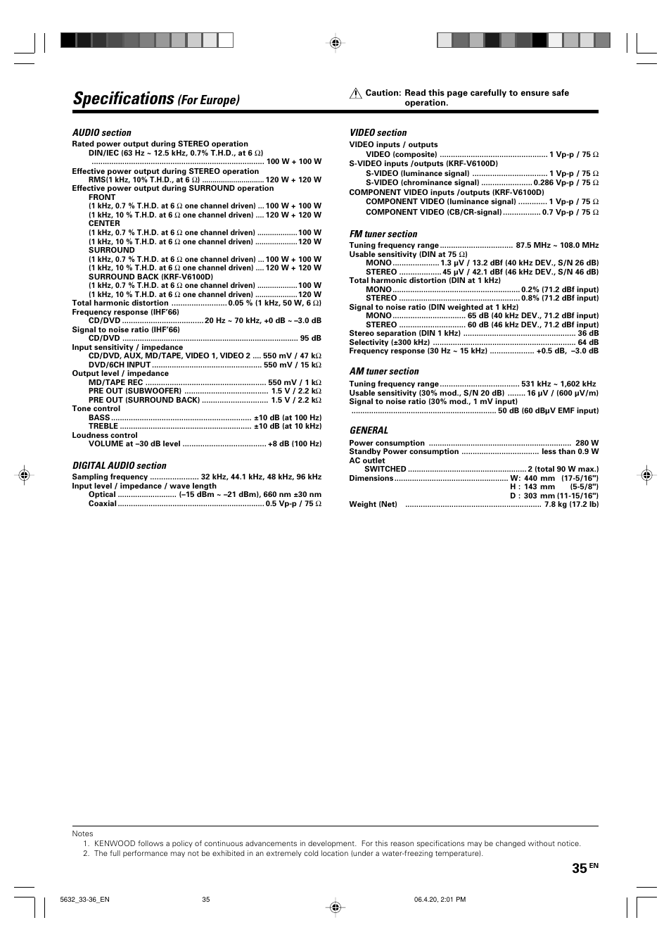 Specifications, For europe) | Kenwood B60-5632-00 00 MA (E User Manual | Page 35 / 36