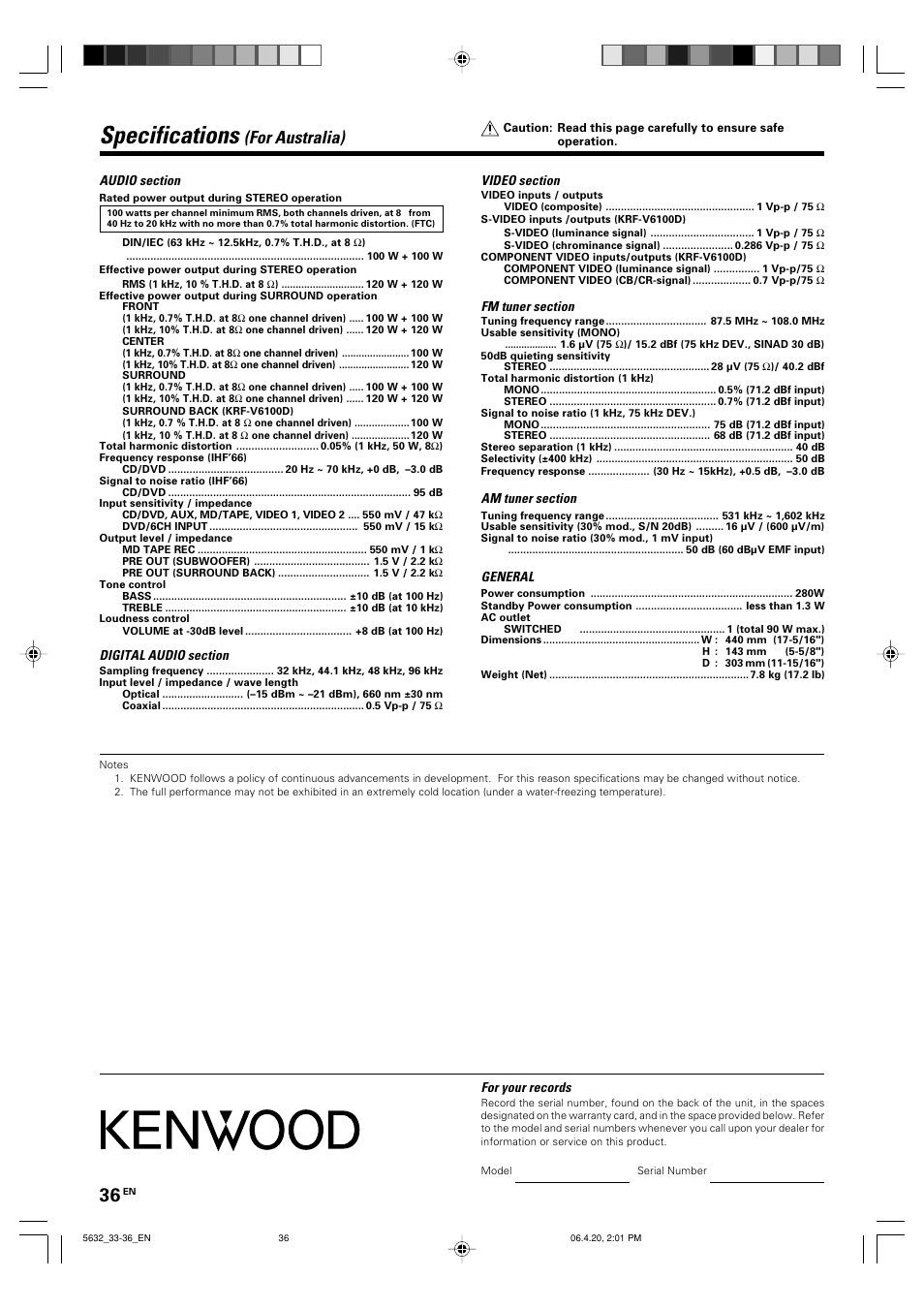 Specifications, For australia) | Kenwood B60-5632-00 00 MA (E User Manual | Page 36 / 36