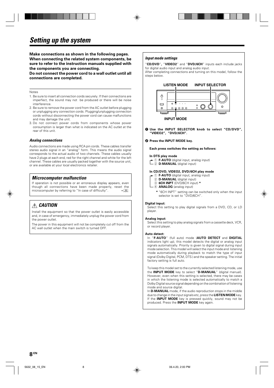 Setting up the system, Microcomputer malfunction, Caution | Kenwood B60-5632-00 00 MA (E User Manual | Page 8 / 36