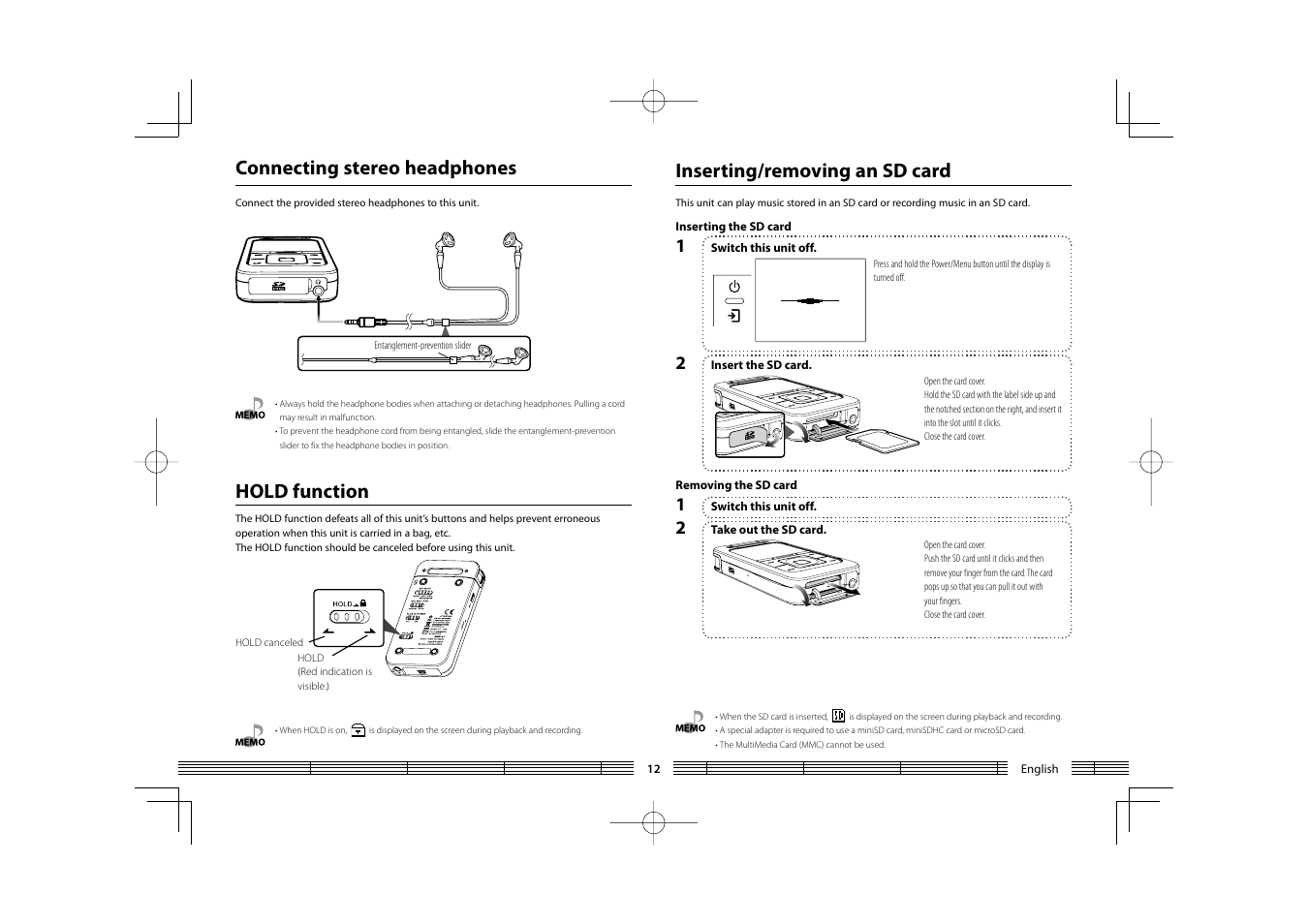 Connecting stereo headphones, Hold function, Inserting/removing an sd card | Kenwood HC MGR-A7 User Manual | Page 12 / 53
