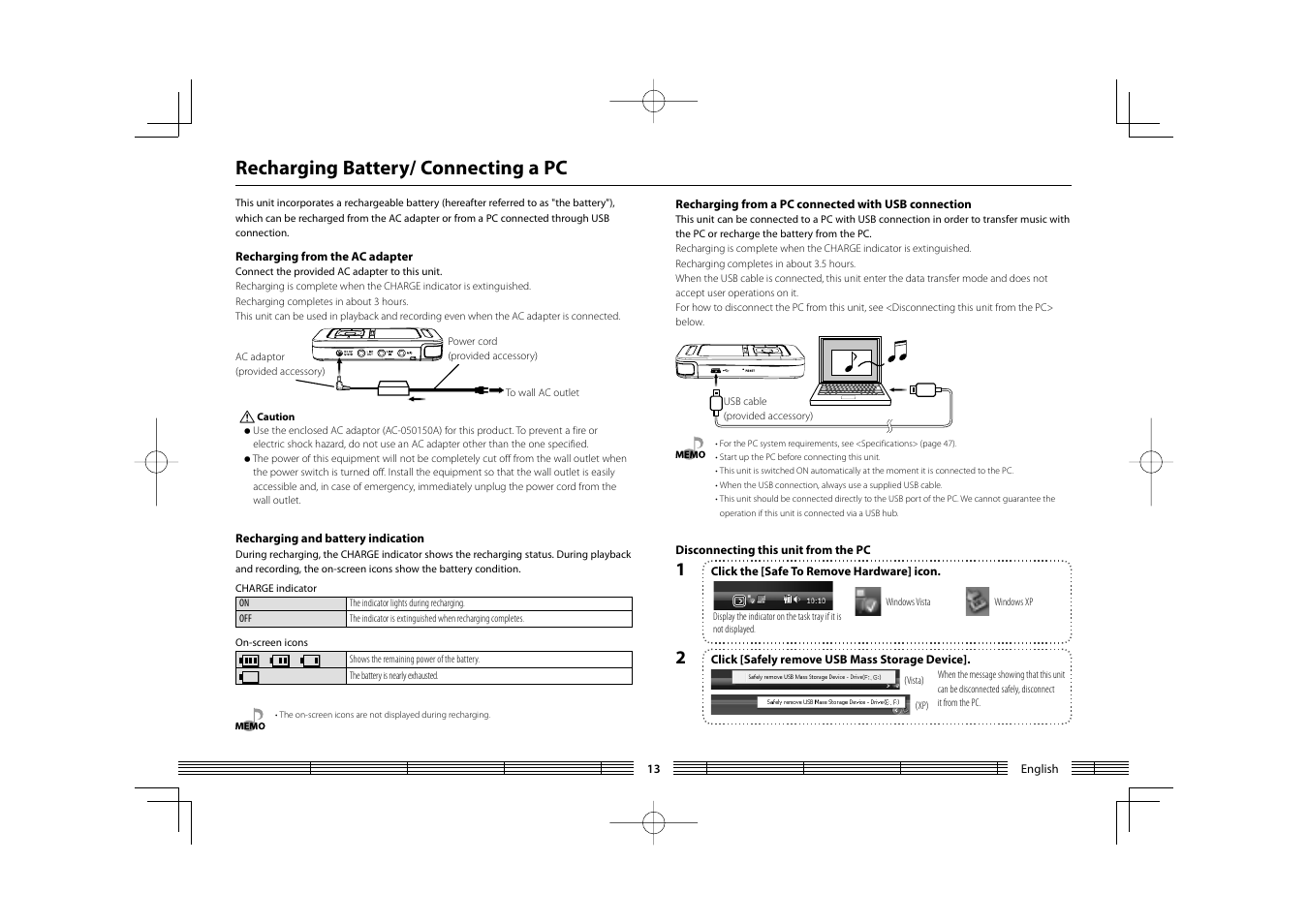 Recharging battery/ connecting a pc | Kenwood HC MGR-A7 User Manual | Page 13 / 53