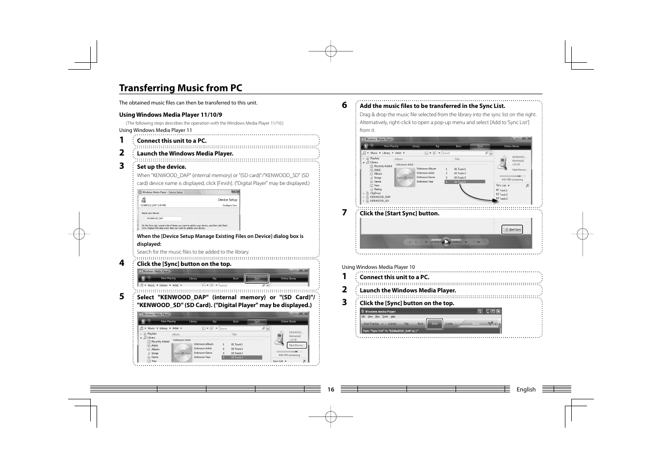 Transferring music from pc | Kenwood HC MGR-A7 User Manual | Page 16 / 53