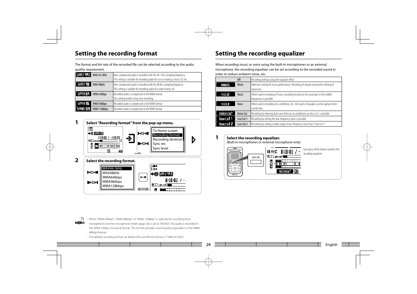 Setting the recording equalizer, Setting the recording format | Kenwood HC MGR-A7 User Manual | Page 29 / 53