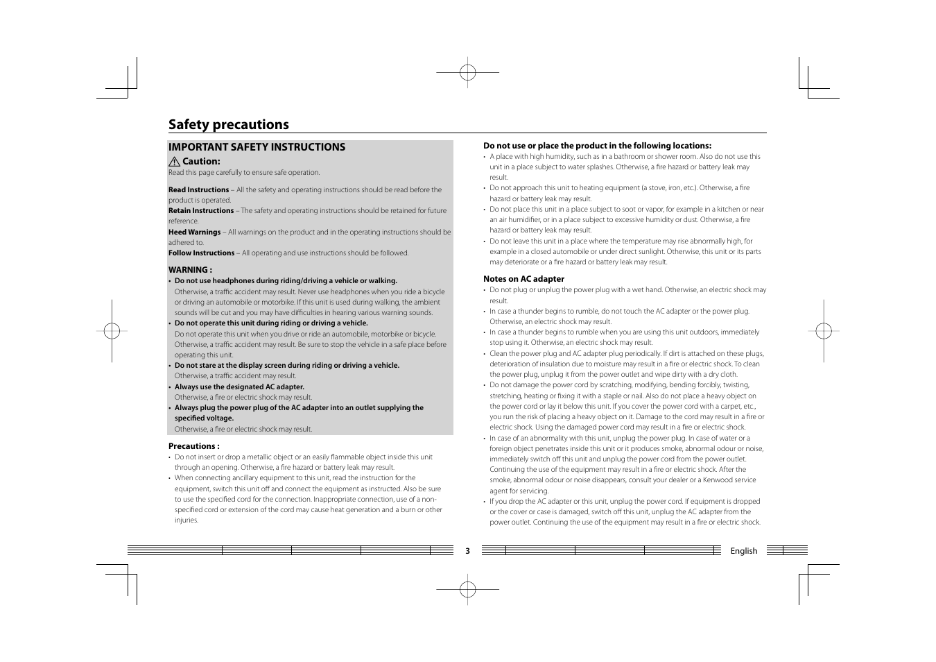 Safety precautions, Important safety instructions | Kenwood HC MGR-A7 User Manual | Page 3 / 53
