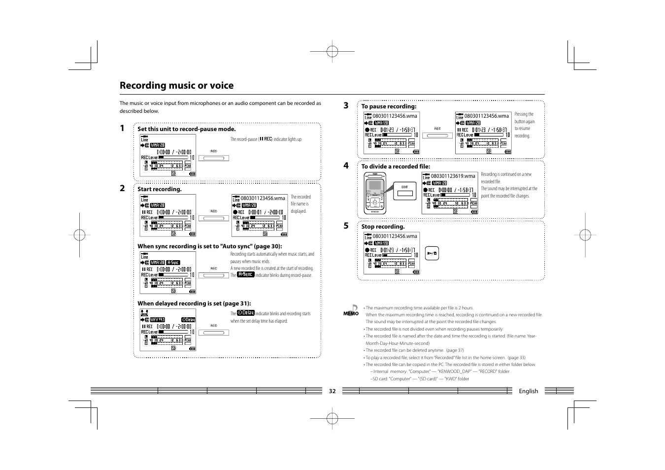 Recording music or voice | Kenwood HC MGR-A7 User Manual | Page 32 / 53